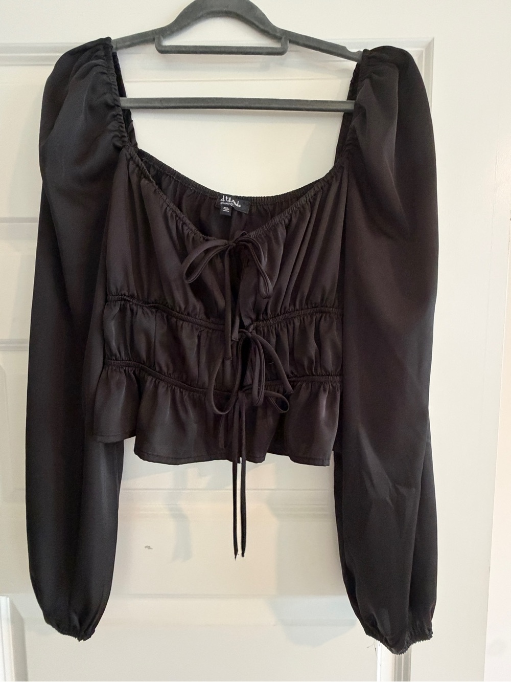 Black Tie-Front Cropped Peasant Blouse - Long Sleeve